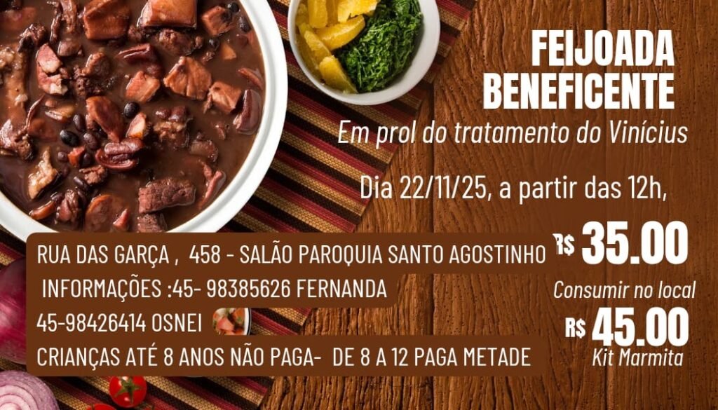 Feijoada beneficente em prol do tratamento do Vinícius acontece no dia 22 de novembro em Cascavel