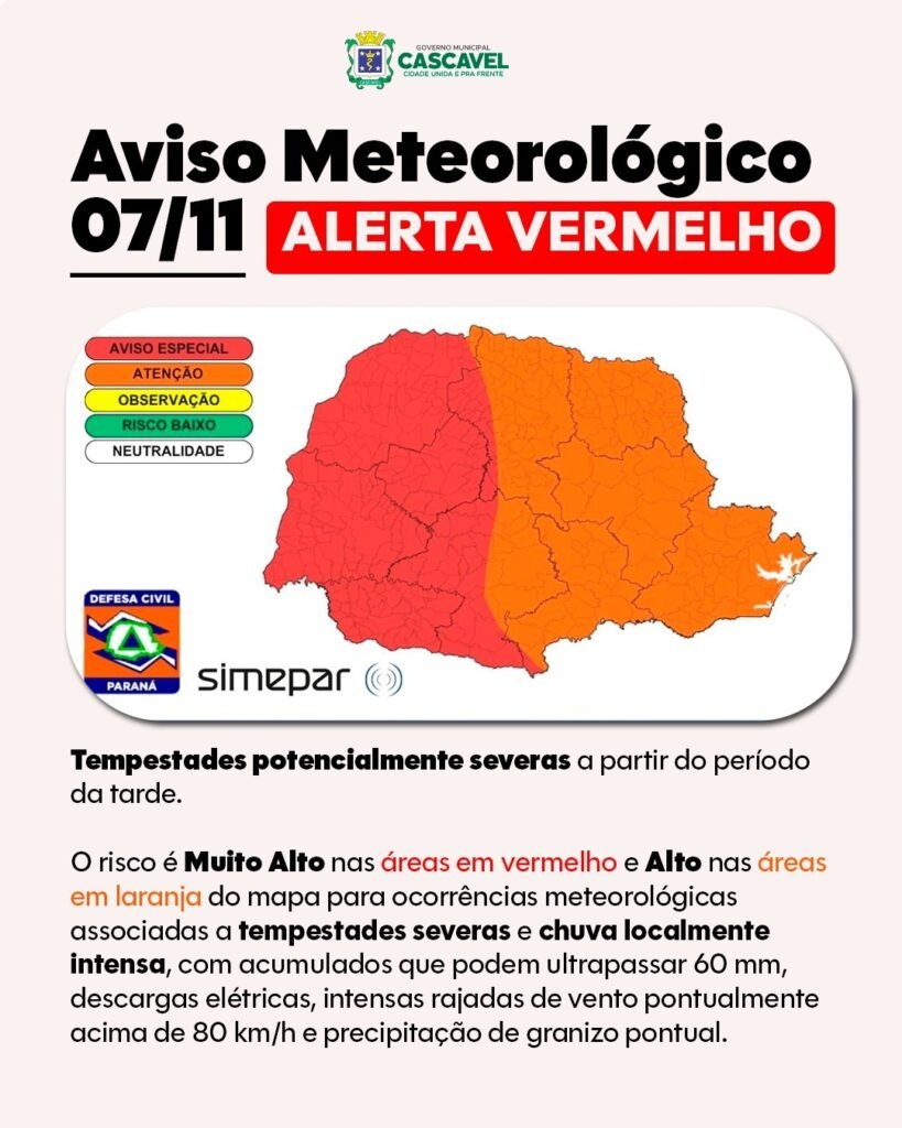 Cascavel entra em alerta para tempestades nesta sexta-feira
