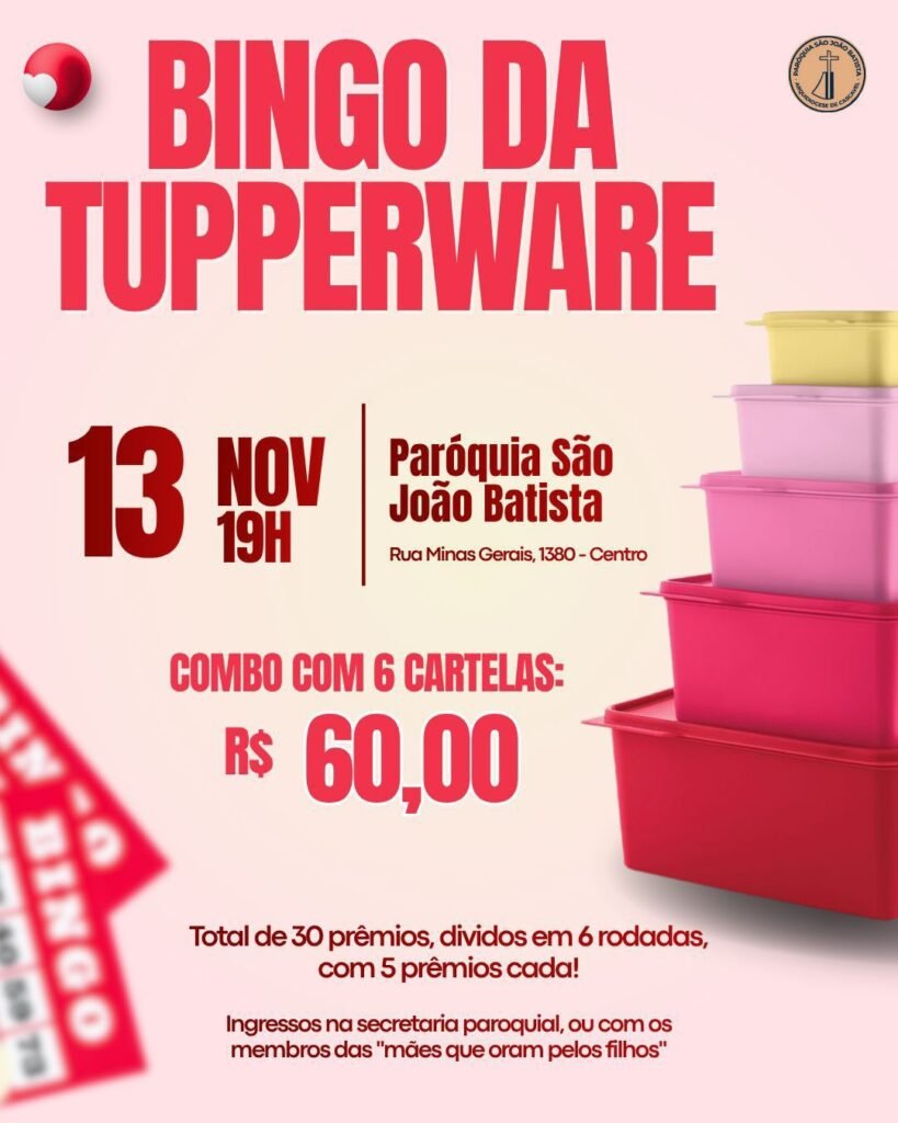 Paróquia São João Batista realiza Bingo da Tupperware nesta quinta-feira
