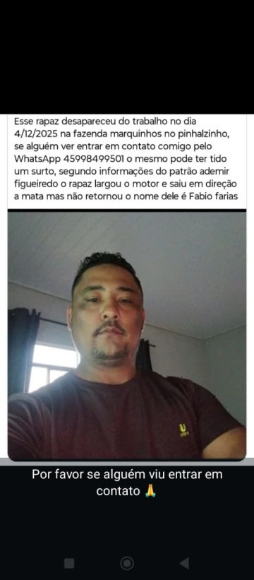 Homem está desaparecido em fazenda próximo a Guarapuava