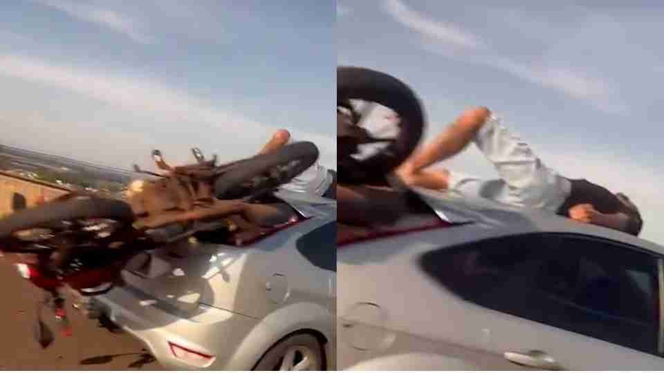 Moto para dentro de carro e condutor em cima de veículo em acidente na PR-445 - catve.com