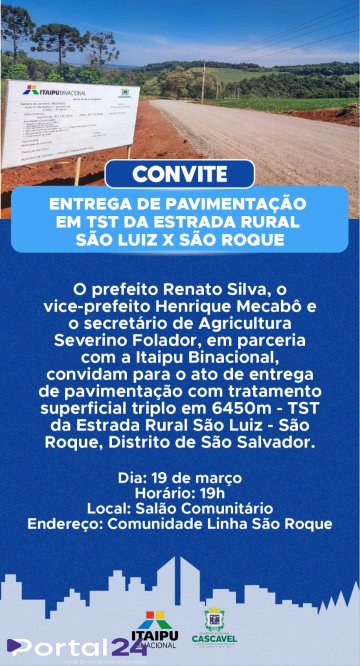 Cascavel avança em pavimentação rural com novos trechos e entrega de estrada no distrito de São Salvador