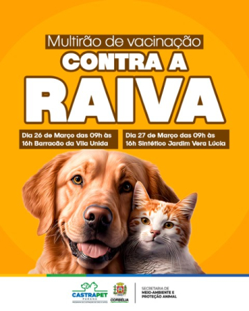 Corbélia realiza mutirão de vacinação contra a raiva para cães e gatos nos dias 26 e 27 de março