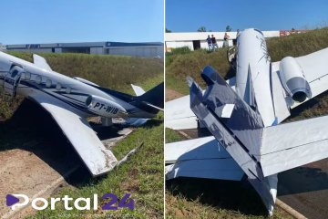 Jato sai da pista e colide contra barranco ao pousar em aeroporto no interior de São Paulo