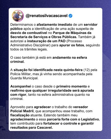 Prefeito Renato Silva afasta servidor suspeito de desvio de combustíveis