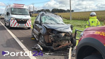 Auto e caminhão se envolvem em grave acidente na BR-277, em Santa Tereza do Oeste