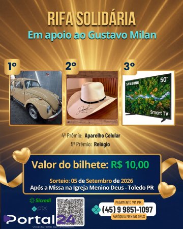 Rifa solidária é lançada para ajudar Gustavo Milan com prêmios como Fusca e TV Smart