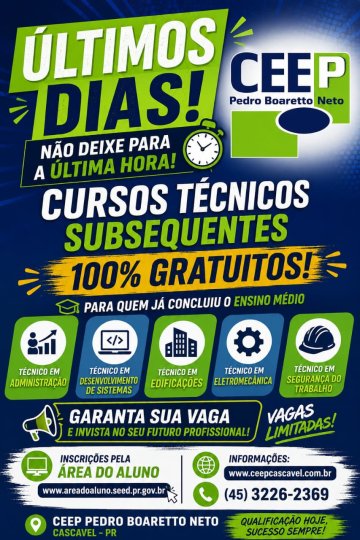 CEEP de Cascavel prorroga inscrições para cursos técnicos subsequentes
