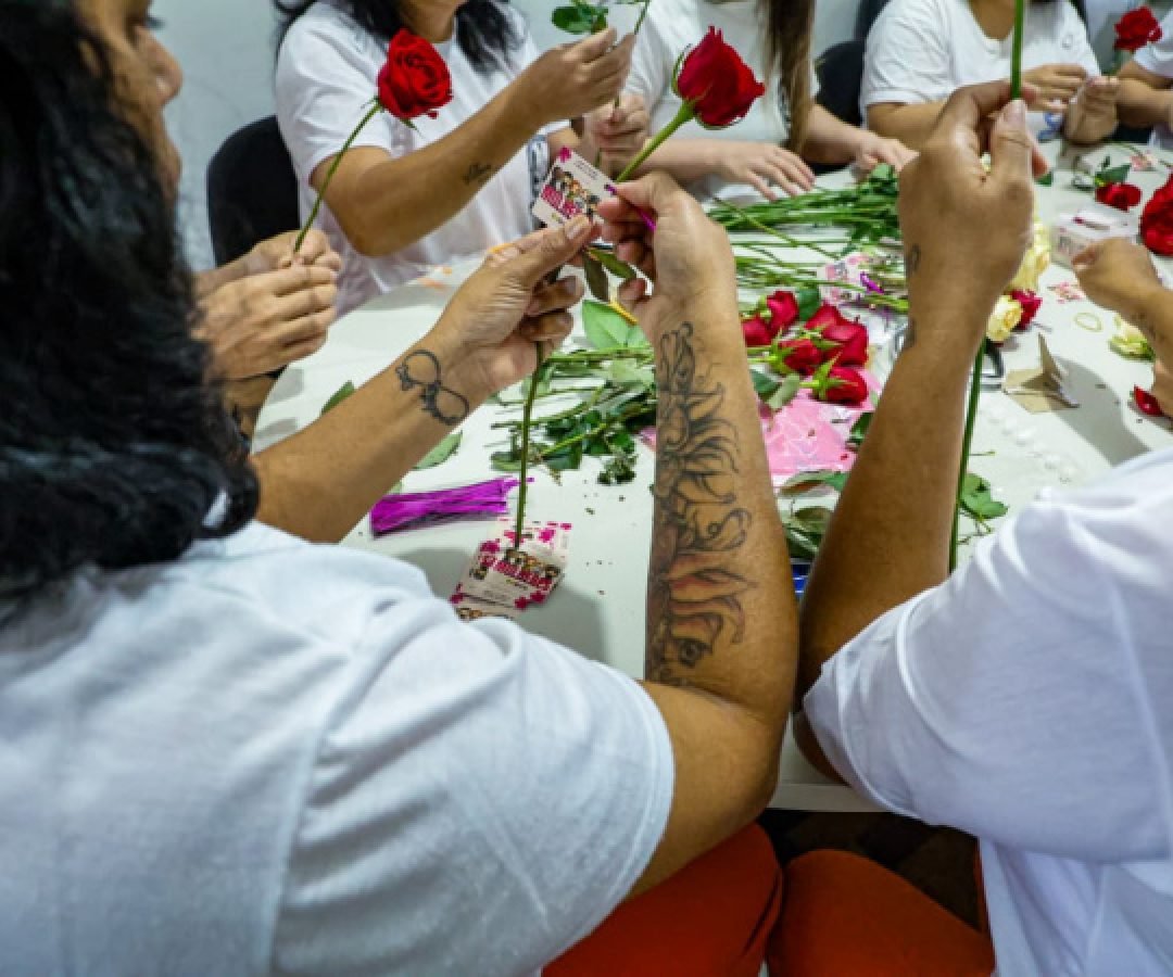Mulheres privadas de liberdade preparam rosas que serão entregues no Dia da Mulher