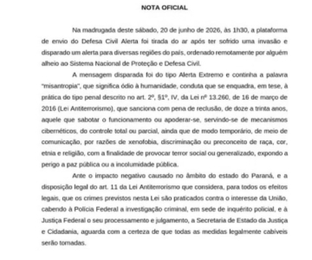 Alerta com termo ‘misantropia’ pode ser enquadrado como terrorismo, diz Governo do Paraná