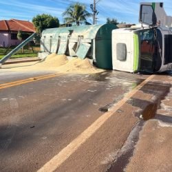 Câmera registra tombamento de caminhão carregado com ração na PR-495 em Santa Helena