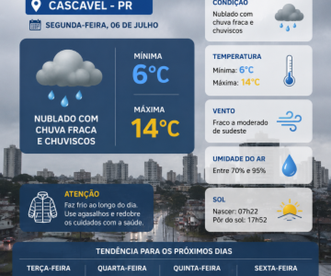 Frio e chuva marcam a segunda-feira em Cascavel; temperatura não deve passar dos 14°C