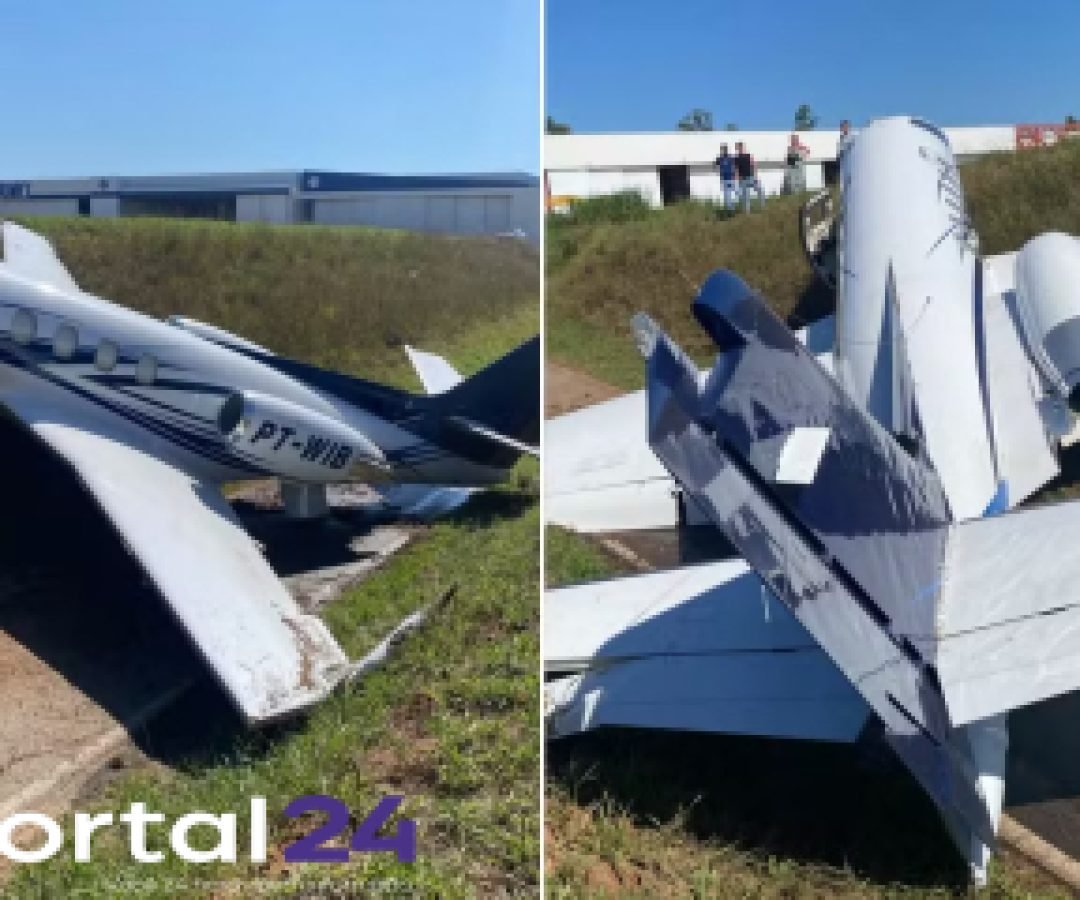 Jato sai da pista e colide contra barranco ao pousar em aeroporto no interior de São Paulo