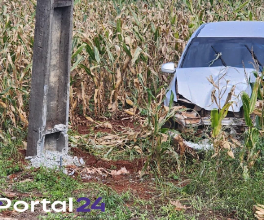 Mulher fica ferida após carro sair da pista e bater contra poste na PR-488, em Santa Helena