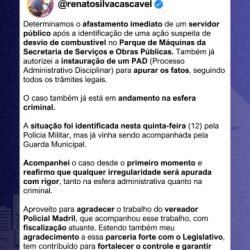 Prefeito Renato Silva afasta servidor suspeito de desvio de combustíveis