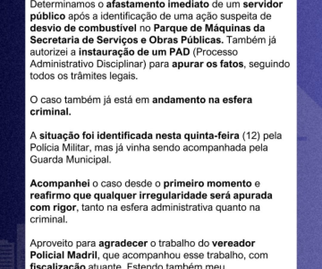 Prefeito Renato Silva afasta servidor suspeito de desvio de combustíveis