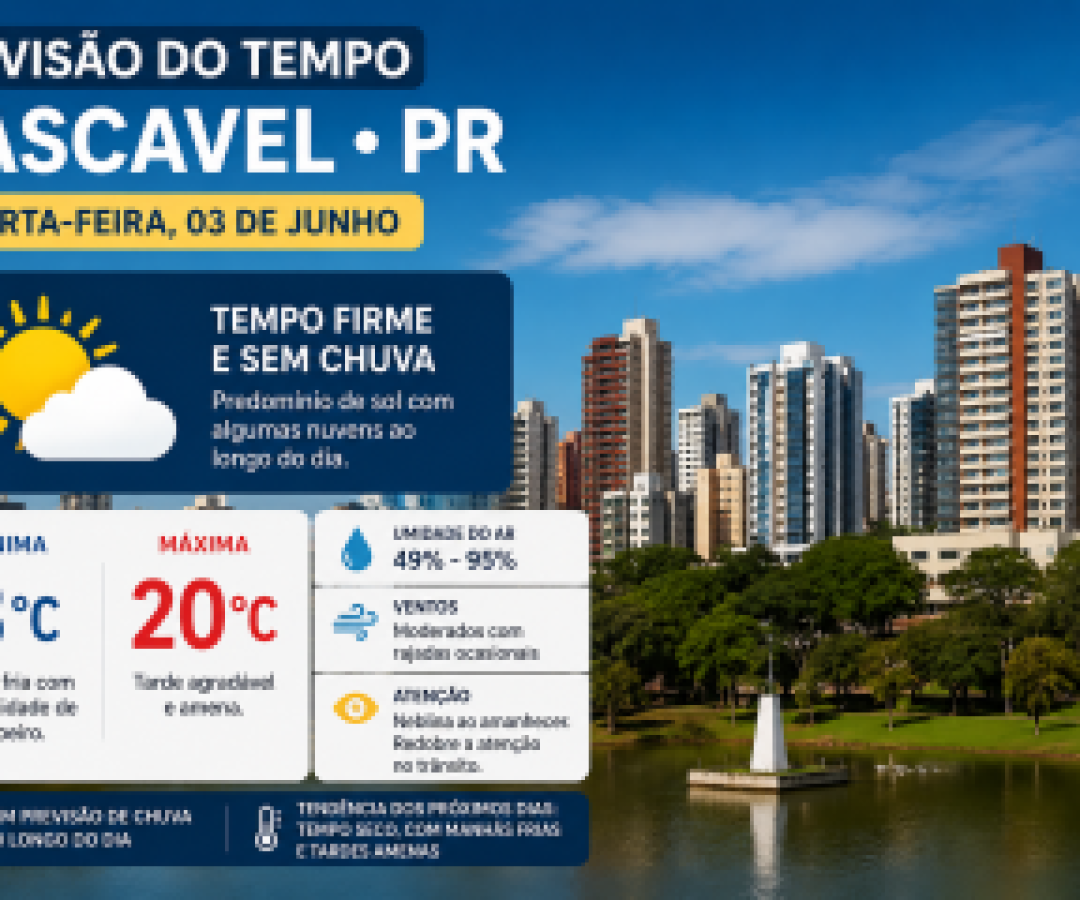 Quarta-feira será de tempo firme e frio pela manhã em Cascavel