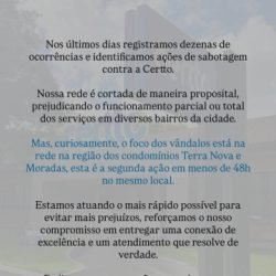 Sabotagem volta a afetar rede de internet e empresa pede ajuda da comunidade em Cascavel