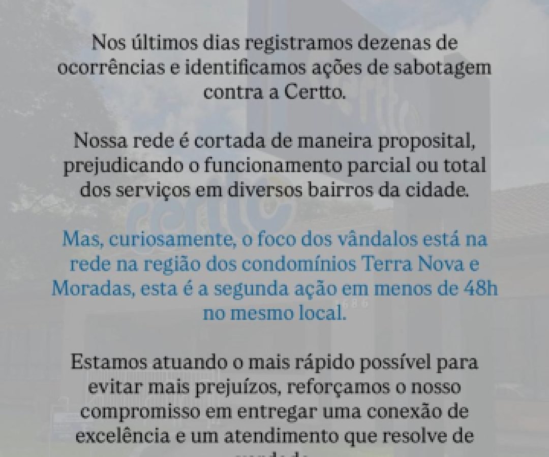 Sabotagem volta a afetar rede de internet e empresa pede ajuda da comunidade em Cascavel